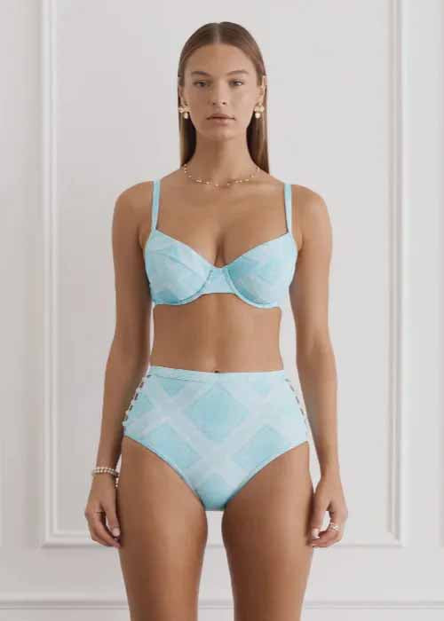 Model wearing Heaven’s Chintz Demi Top with underwire top and high waist bottoms