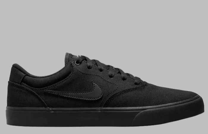 Black Nike SB Chron 2 canvas skate shoe with vulcanised sole, side profile
