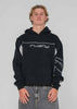 Man wearing a black Rusty Titan hooded fleece, an oversized heavyweight hoodie, with grey baggy jeans