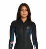 Woman wearing a black O’Neill long-sleeve front-zip wetsuit with blue tropical print panels