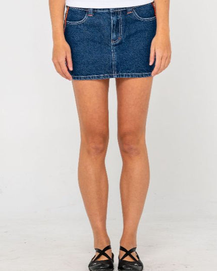 Rusty - Flip Mommy Low Rise Mini Denim Skirt (Deep Sea Blue/Orange)