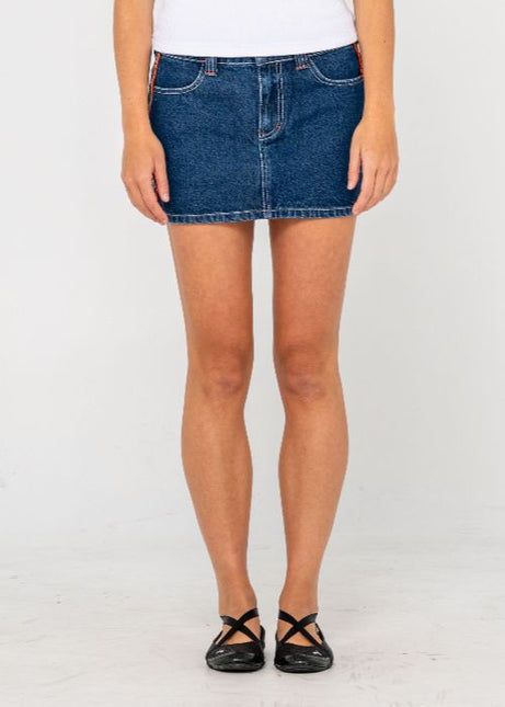 Rusty - Flip Mommy Low Rise Mini Denim Skirt (Deep Sea Blue/Orange)