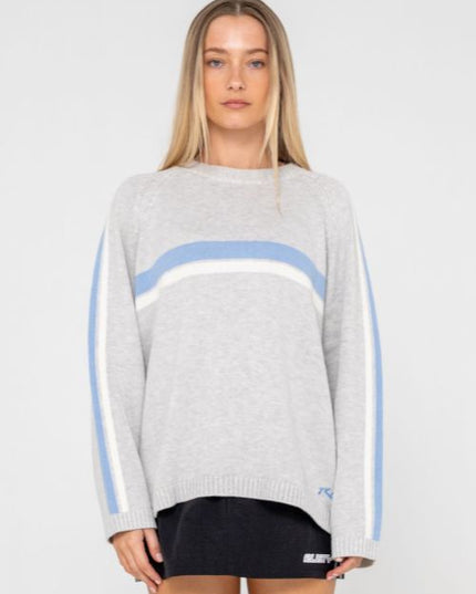 Rusty - White Lines Long Sleeve Crew Neck Knit (Grey Marle/Blue)