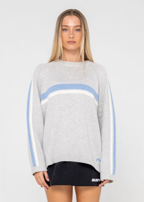 Rusty - White Lines Long Sleeve Crew Neck Knit (Grey Marle/Blue)