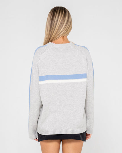 Rusty - White Lines Long Sleeve Crew Neck Knit (Grey Marle/Blue)