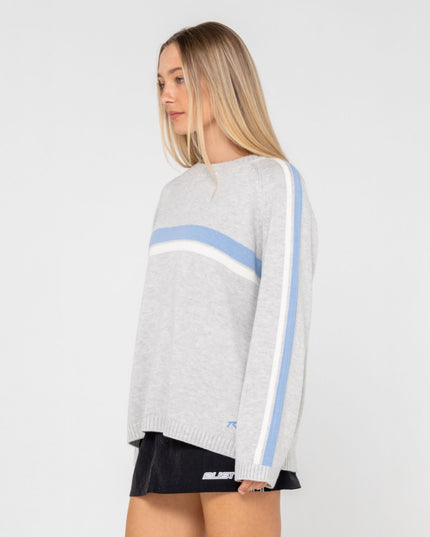 Rusty - White Lines Long Sleeve Crew Neck Knit (Grey Marle/Blue)