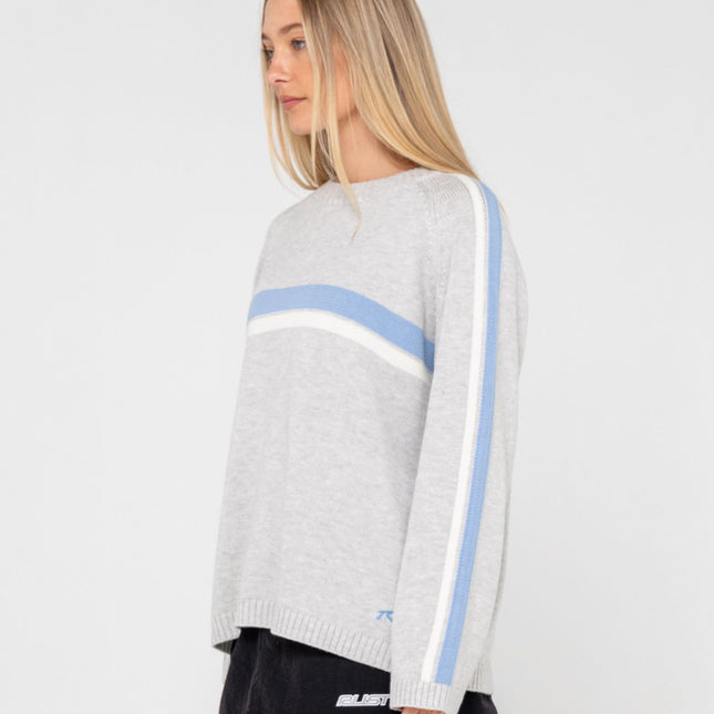 Rusty - White Lines Long Sleeve Crew Neck Knit (Grey Marle/Blue)