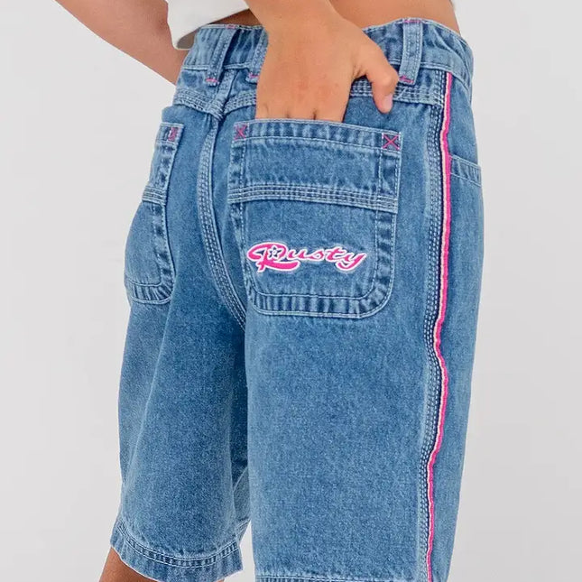 Rusty - Flip Girl Low Rise Wide Leg Denim Jort ( Sea Blue/Fuchsia)