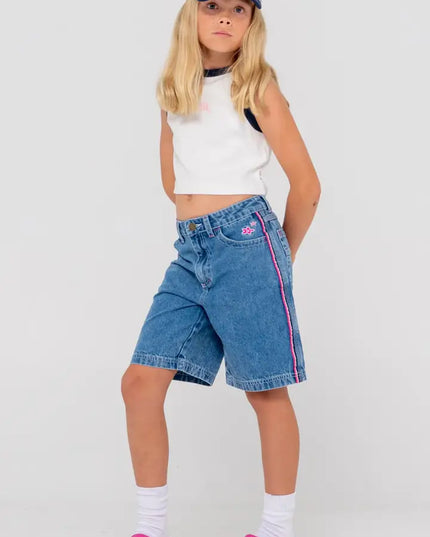 Rusty - Flip Girl Low Rise Wide Leg Denim Jort ( Sea Blue/Fuchsia)