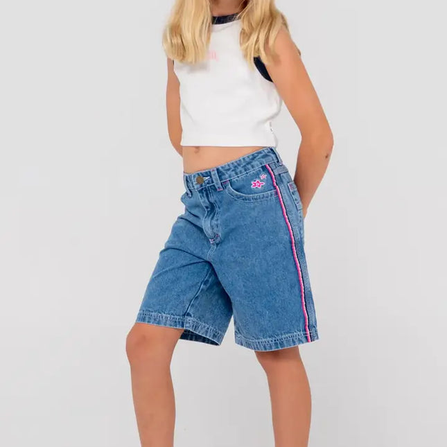 Rusty - Flip Girl Low Rise Wide Leg Denim Jort ( Sea Blue/Fuchsia)