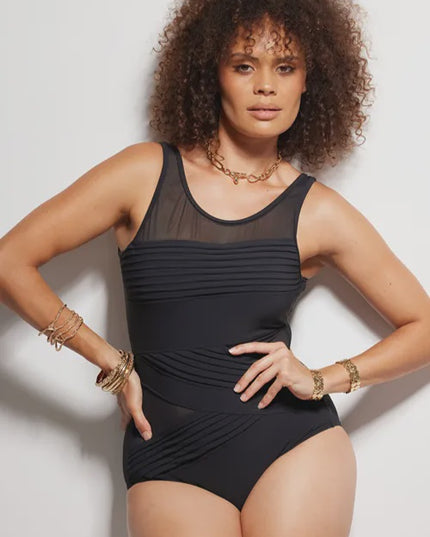 Togs - Black Pleated Mesh One Piece Swimsuit